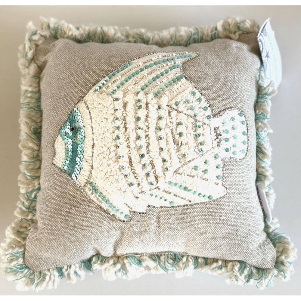 Coastal Collection Angel Fish Sequins Beads Throw Pillow Beige Blue White Fringe